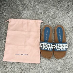 Stuart Weitzman Women’s Blue Slides with Pearls. New w/o tags/box. Never worn